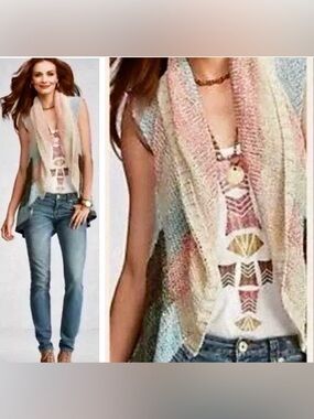 CAbi Line Up Circle Cascade Open Front Striped Cotton Blend Knit Vest in S